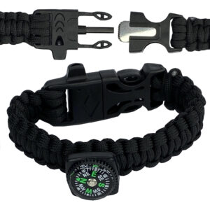 Bransoletka Wojskowa Survivalowa Paracord KOMPAS KRZESIWO GWIZDEK czarna